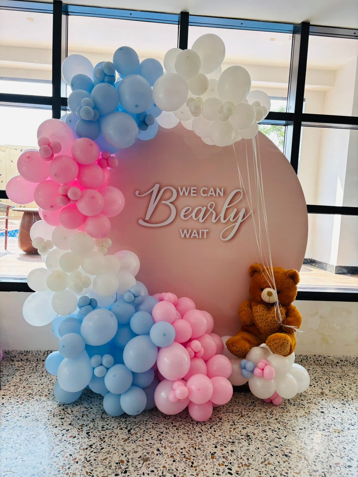 Pastel pink and blue gender-reveal backdrop with a teddy and a 'We Can Bearly Wait' sign